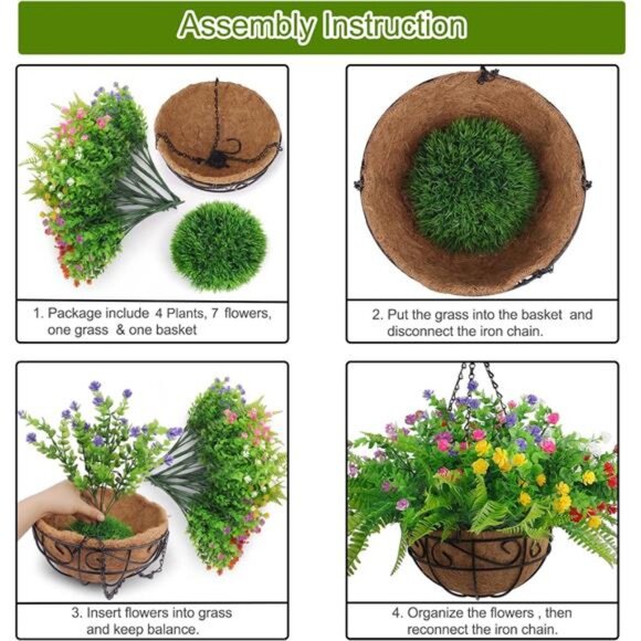 Artificial Fake Hanging Plants Flowers Basket for Outdoor Spring Summer - Picture 2 of 7